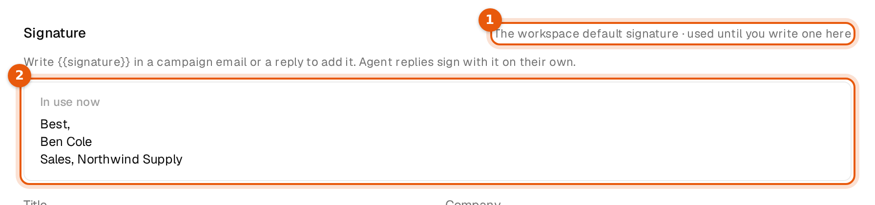 Edit sender for a mailbox without its own signature, showing The workspace default signature and the In use now box