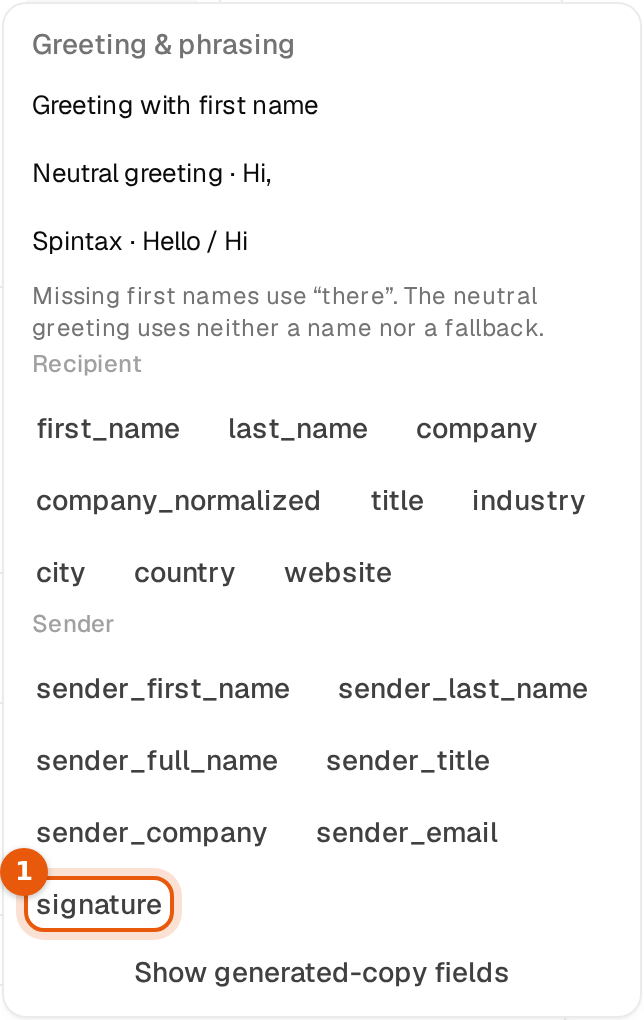 The Insert menu of the email editor with signature marked under Sender