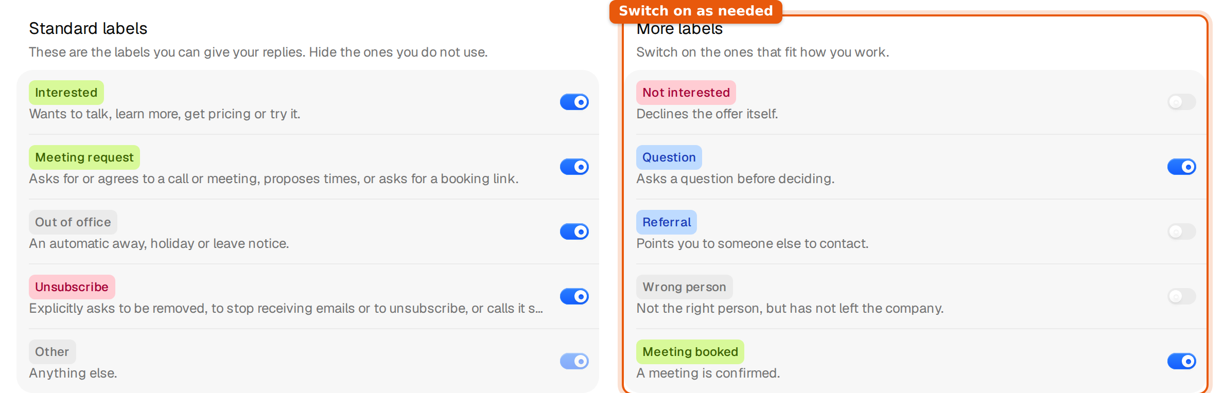 Standard labels and More labels in Settings, Workspace, with their switches