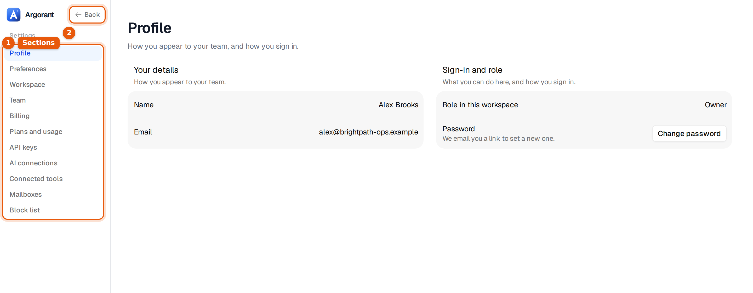 The Settings page with the section menu on the left and the Back button next to the logo