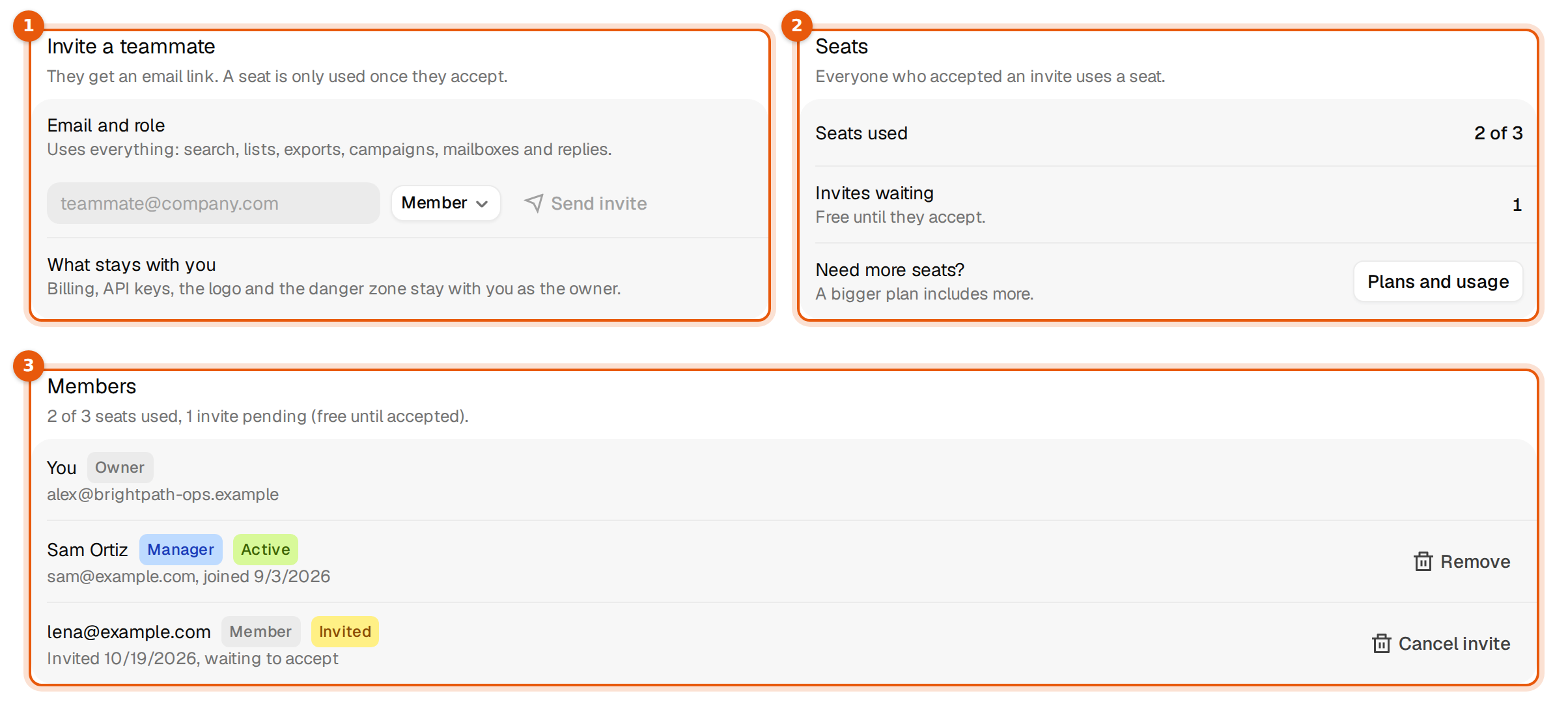 Settings, Team with Invite a teammate, Seats and the Members list
