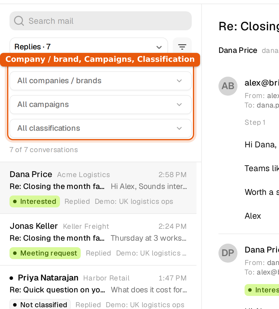 The open filter panel with Company or brand, Campaigns and Classification