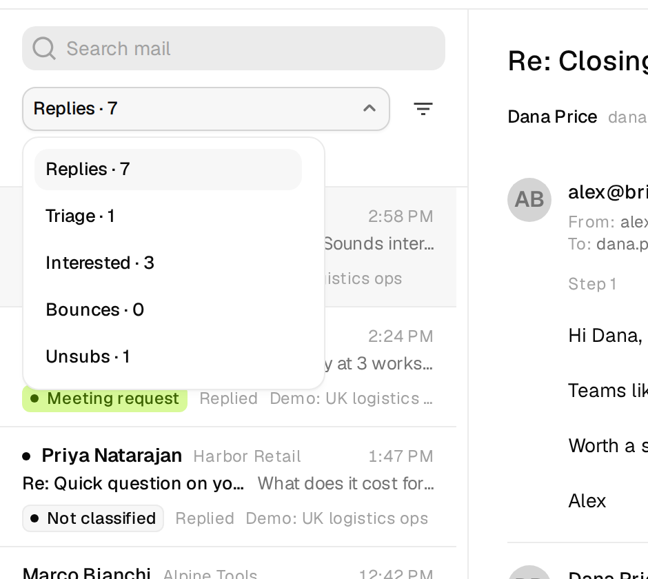 The Unibox with folders for replies, interested, bounces and unsubscribes