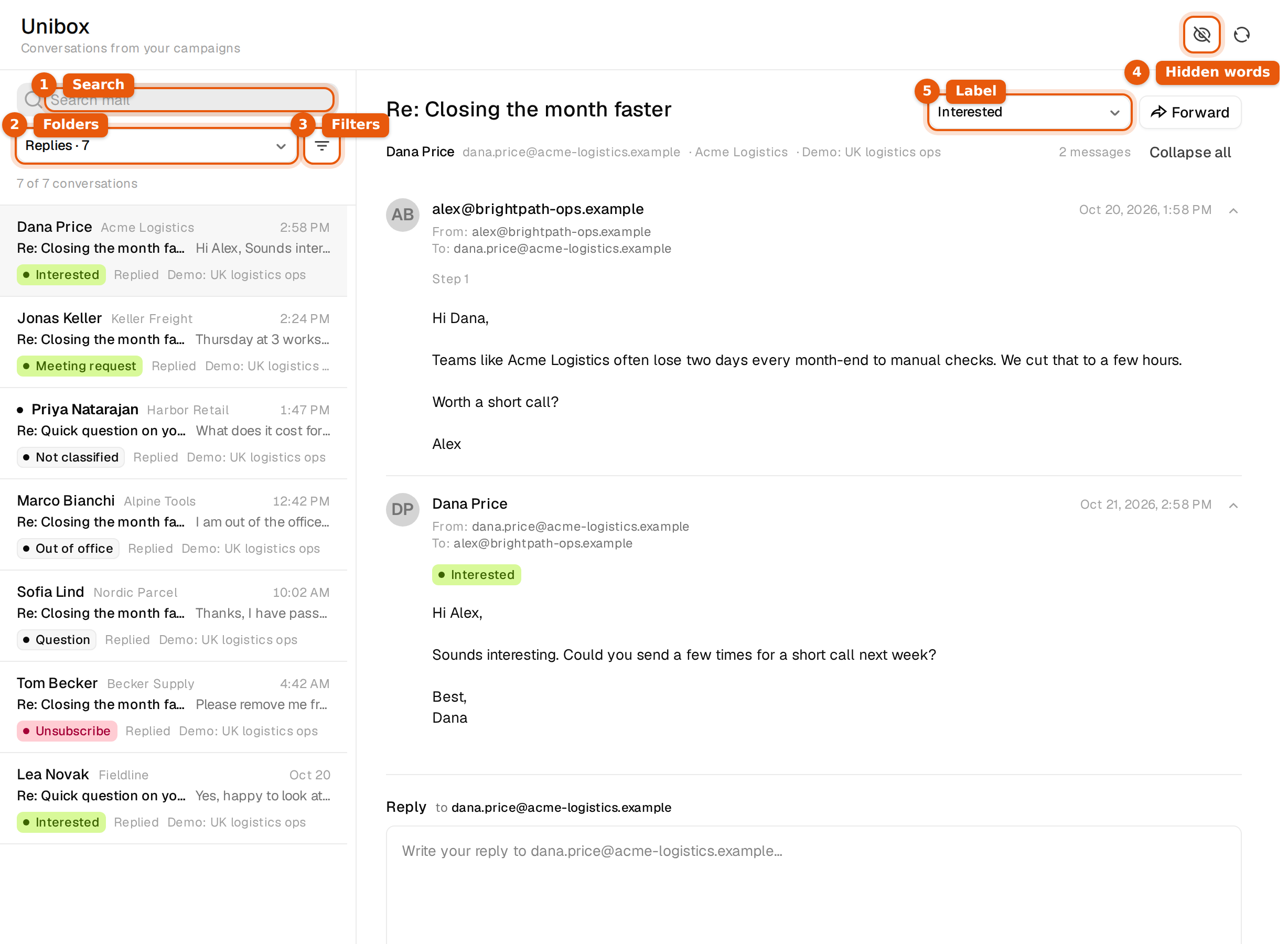 The Unibox with the folder menu, the filter button, the search field and an open conversation