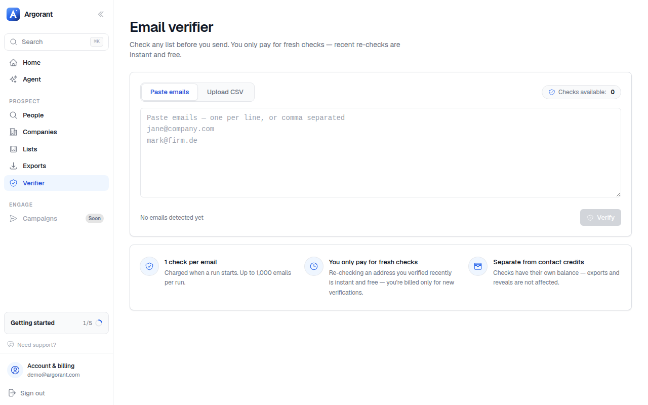 The Verify page with the paste option, the CSV upload option and the checks counter